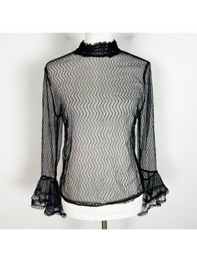 Women's Black Whimsigoth Sheer Long Sleeve Top Ruffle Bell Sleeve Size Small